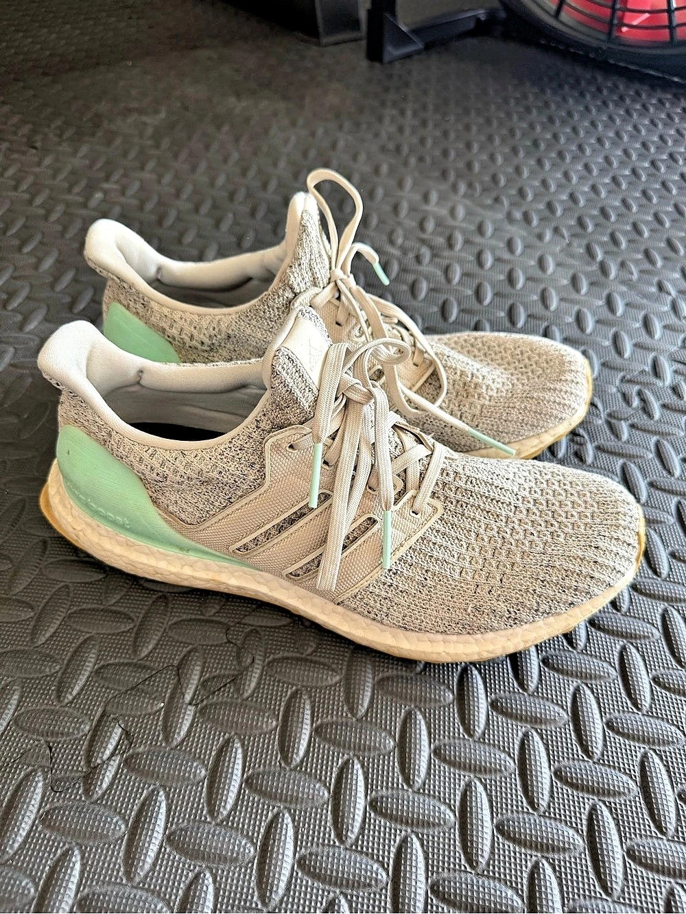adidas Ultraboost Knit Running Shoes in Beige & Green - Picture 3 of 5